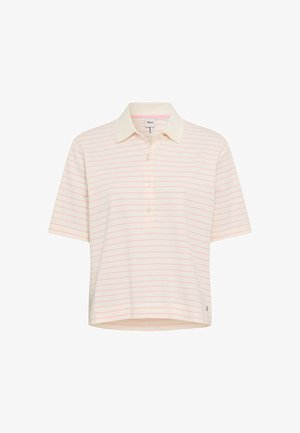 Polo a maniche corte color crema con sottili strisce orizzontali rosa e tre bottoni sulla patta frontale.