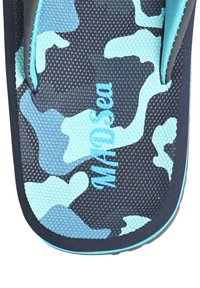 Blue and black flip-flop with a textured surface featuring a camouflage pattern; has a rubber sole and blue accents, labeled "MapSea."