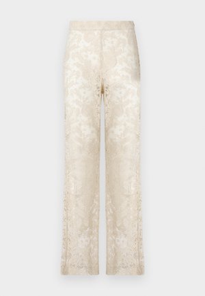 Blonder vide bukser i kremfarge, med intrikate blomsterdesign og en teksturert overflate. Elastisk midje for komfort.