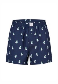 Granatowe bokserki z powtarzającym się wzorem białych bałwanków z zielonymi szalikami. Wykonane z lekkiego materiału z elastycznym pasem.