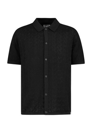 Schwarzes Polohemd mit kurzen Ärmeln, das ein strukturiertes Zickzackmuster aufweist, eine Knopfleiste hat und über ein klassisches Kragen-Design verfügt. Weiches, atmungsaktives Material.