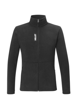 Veste polaire noire zippée intégralement avec col montant, deux poches latérales zippées et logo Millet blanc vertical sur la poitrine gauche.