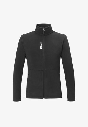 Veste polaire noire zippée intégralement avec col montant, deux poches latérales zippées et logo Millet blanc vertical sur la poitrine gauche.