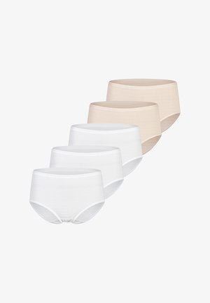 Fem højtaljede, sømløse dameunderbukser i hvid og beige, stablet diagonalt på en hvid baggrund.