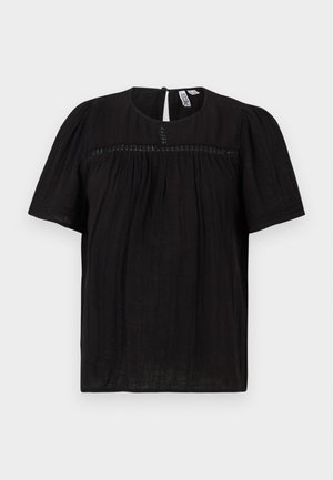 Must lühikeste varrukatega pluus, millel on ümar kaelus, peen tekstuuriga kangas ja seljal klõpskinnitusega avaus.