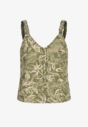 Roheline tank top, millel on beež lillemuster, V-kaelus, nööpidega eesosa ning tekstuuri loomiseks kokku tõmmatud rihmad.