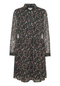 Czarna sukienka w kwiaty z długimi rękawami, kołnierzykiem i wiązaniem w talii. Posiada przezroczystą teksturę z małymi, kolorowymi wzorami kwiatowymi na całej powierzchni.