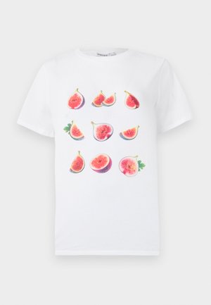 Witte katoenen t-shirt met een grafische print van verschillende vijgen in diverse posities en kleuren, die het roze vruchtvlees en de groene bladeren benadrukken.