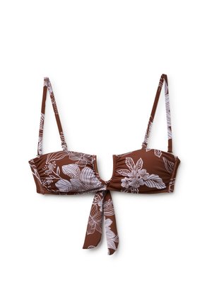 Brązowy top od bikini z białymi kwiatowymi wzorami, regulowanymi cienkimi ramiączkami, głębokim, przednim wycięciem w kształcie litery U oraz wiązaniem na środku przodu.