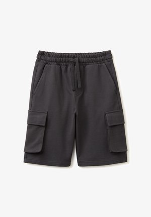Pantaloncini cargo neri al ginocchio con vita elastica, coulisse, tasche laterali e tasche con pattina su entrambe le cosce.