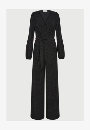 Black jumpsuit with a deep V-neck, long sleeves, cinched waist belt, and wide-leg design. Made of textured, shimmering fabric throughout.