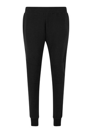 Sorte joggingbukser lavet af blødt materiale med en elastisk talje, sidelommer og tætsiddende manchetter; har buede sømme som designdetalje.