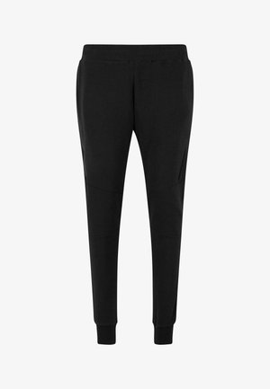 Sorte joggingbukser lavet af blødt materiale med en elastisk talje, sidelommer og tætsiddende manchetter; har buede sømme som designdetalje.