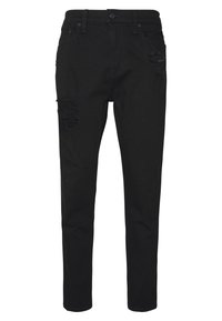 Svarta denimjeans med slim fit, med slitna knälappar och traditionell femficksdesign. Slät textur och standard midjeband.