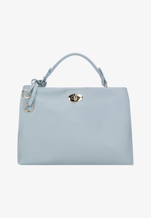 Jasnoniebieska skórzana torebka o strukturalnym kształcie, z górnym uchwytem, złotymi detalami oraz charakterystycznym zapięciem.