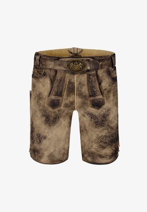 Braune Lederhosen-Shorts mit dekorativen Blumenmustern, einer strukturierten Lederoberfläche, goldenen Akzenten und einem taillierten Bund.