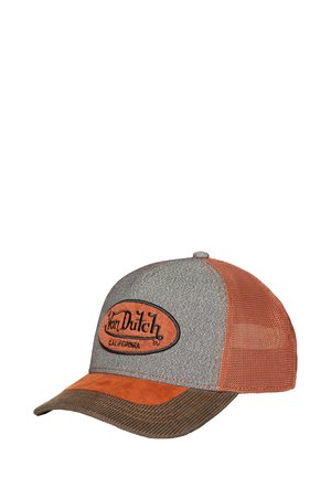 Casquette trucker en maille grise et orange Von Dutch avec visière en velours côtelé marron et patch logo brodé sur le panneau avant.