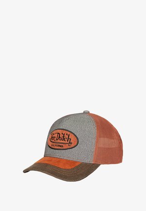 Casquette trucker en maille grise et orange Von Dutch avec visière en velours côtelé marron et patch logo brodé sur le panneau avant.