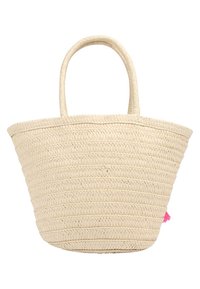 Rund, fletkurv i lysebeige med to håndtag og en lys pink kvast som pynt på siden.