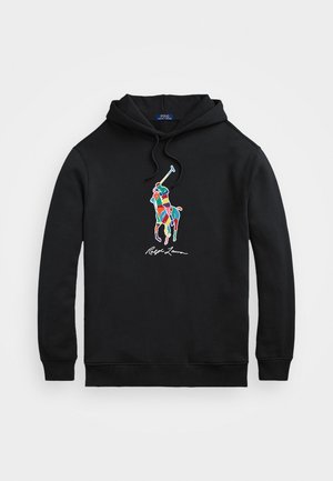 Czarna bluza z kapturem z wielokolorowym logo gracza Polo i podpisem "Ralph Lauren" z przodu, z kapturem na troczki i długimi rękawami.