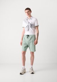 Tenue masculine comprenant un polo blanc avec des accents verts, un short vert menthe et des baskets beige clair. Le polo est superposé avec un sweat-shirt gris.