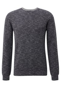Dark gray knitted sweater with long sleeves, round neckline, and a textured finish. Slim fit with ribbed cuffs and hem for structure.