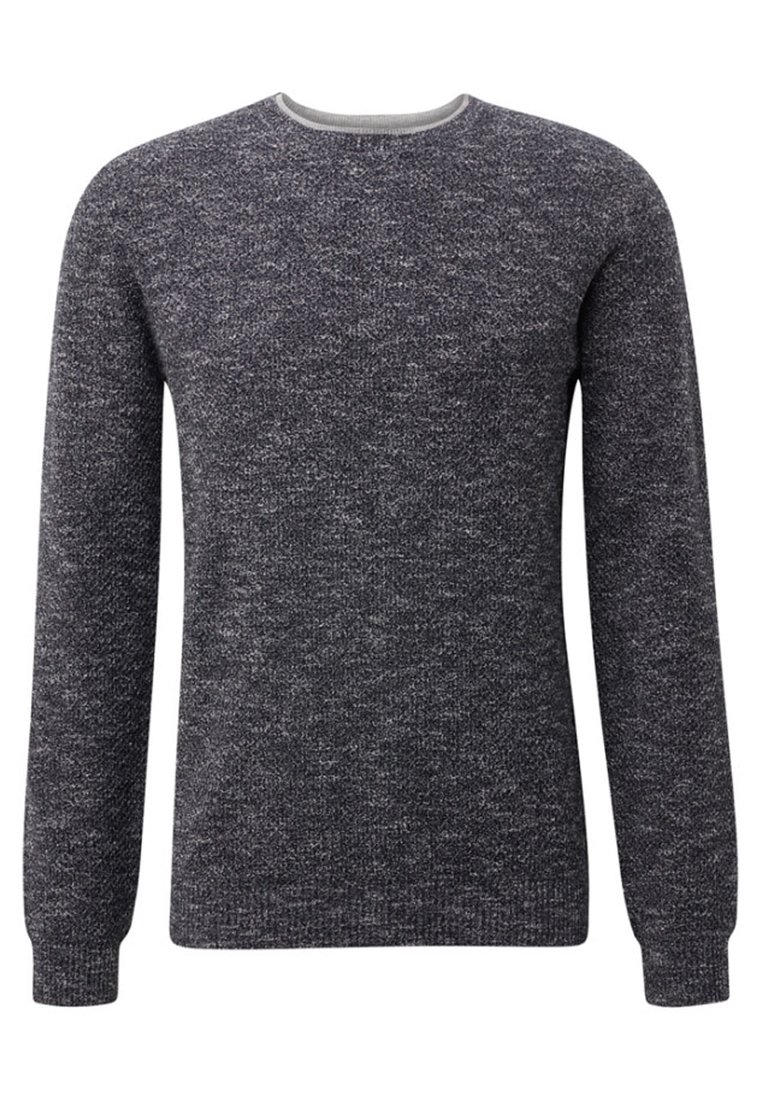 Dark gray knitted sweater with long sleeves, round neckline, and a textured finish. Slim fit with ribbed cuffs and hem for structure.