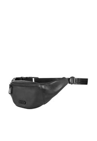 Czarna skórzana saszetka z eleganckim designem, zamykana na zamek główna komora, regulowany pasek oraz logo marki z przodu. Gładka tekstura.