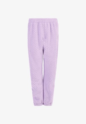 Šviesiai violetinės pūkines kelnes su tekstūruotu bičių koriu, elastingu juosmeniu ir siaurėjančiomis apačiomis prie kulkšnies. Minkšta ir šilta medžiaga.