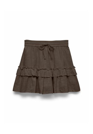 Jupe marron à volants avec taille élastique et lien à l'avant, présentant une texture subtile et des détails de volants sur fond blanc.