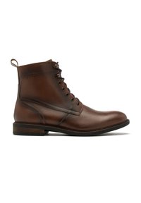 Brązowe skórzane botki do kostki o gładkim wykończeniu, okrągłym nosku, sześcioma otworami na sznurowadła, sznurowane z przodu i małą pętlą z tyłu. Drewniany akcent na podeszwie.