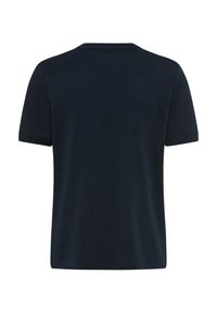 Marineblaue Kurzarm-T-Shirt mit Rundhalsausschnitt, aus weichem Stoff. Glatte Textur, keine sichtbaren Muster oder Akzente.