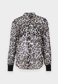 Durchsichtige Knopfleiste-Bluse mit einem Leopardenmuster in Schwarz und Grau. Verfügt über zwei Fronttaschen und schwarze Bündchen an den Ärmeln.