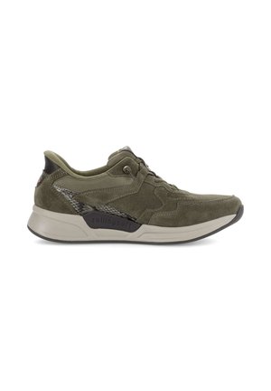 Olive green suede and fabric sneaker with beige sole, black heel patch, lace-up front, and textured side detail labeled "rollingssoft".
