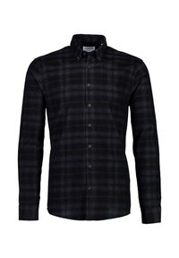 Langarm zwart en donkergrijs geruit overhemd met een button-down kraag en subtiele gele lijnen.