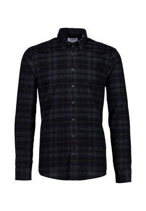 Langärmliges, schwarz und dunkelgrau kariertes Hemd mit Knopfkragen und subtilen gelben Linien.