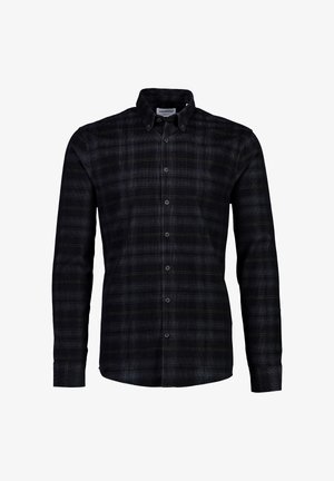 Camicia a maniche lunghe nera e grigia scura a scacchi con colletto a camicia e linee gialle sottili.