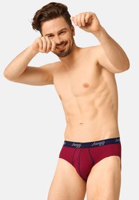 Bordeauxrote Unterwäsche in Form eines Slips mit einem marineblauen Gummibund, der das "sloggi"-Logo trägt, flachen Nähten und einem konturierten Vordesign.
