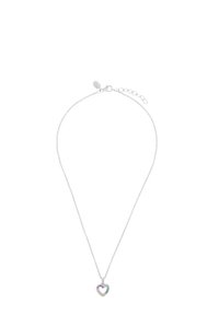 Collana d'argento con un pendente a forma di cuore che presenta accenti multicolori. La catena è delicata e di lunghezza regolabile.