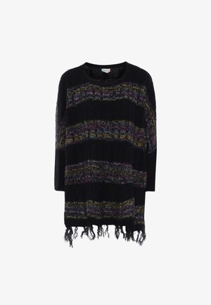 Pulover negru tricotat, cu mâneci trei sferturi, având dungi orizontale colorate și detaliu cu franjuri la tiv.
