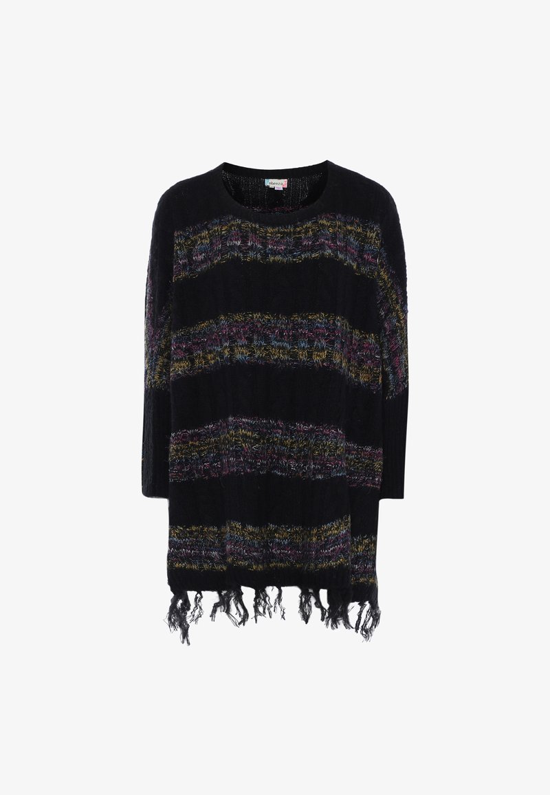 Maglione nero lavorato a maglia con maniche a tre quarti, caratterizzato da strisce orizzontali colorate e dettagli in frange sull'orlo.