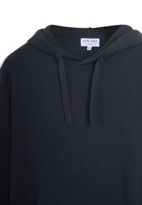 Felpa di cotone blu scuro con tasca a marsupio, cappuccio con cordino e polsini a coste. Presenta un'etichetta all'interno del collo che indica la taglia M.