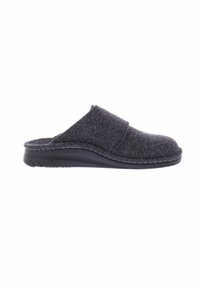 Gray felt slip-on slipper featuring a rounded toe, sturdy black rubber sole, and stitched detailing along the edge for added durability.