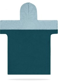Türkiser Poncho mit einer hellblauen Kapuze und Ärmeln; aus weichem, saugfähigem Stoff; rechteckige Form mit weiter Schnittführung für angenehmen Tragekomfort.