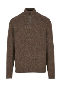 Brauner Strickpullover mit hohem Kragen und halbem Reißverschluss. Strukturiertes Muster mit helleren Farbnuancen. Rippbündchen an den Ärmeln und am Saum.