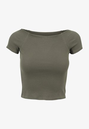 Kurzärmeliges, kurzes Oberteil aus olivgrünem Rippstoff. Hat einen weiten Ausschnitt und eine enganliegende Silhouette für eine perfekte Passform. Minimalistisches Design.