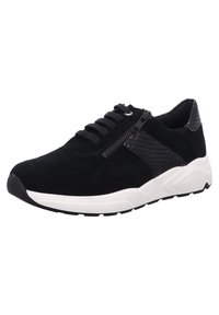 Black suede sneaker with faux snakeskin accents, featuring a front zipper, round laces, and a white rubber sole with a textured pattern.