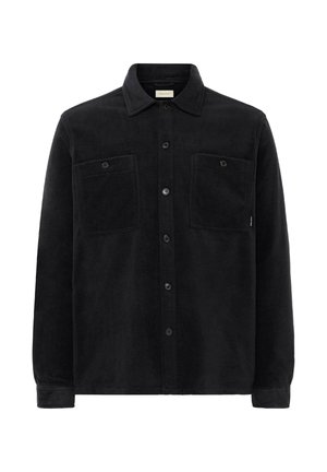 Black flannel shirt with a button-up front, two chest pockets, and a collar. Features a soft texture and a straight fit.