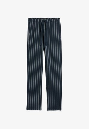 Marineblaue, gestreifte Hose aus weichem Stoff, mit Kordelzug, elastischem Bund und dünnen weißen vertikalen Streifen.