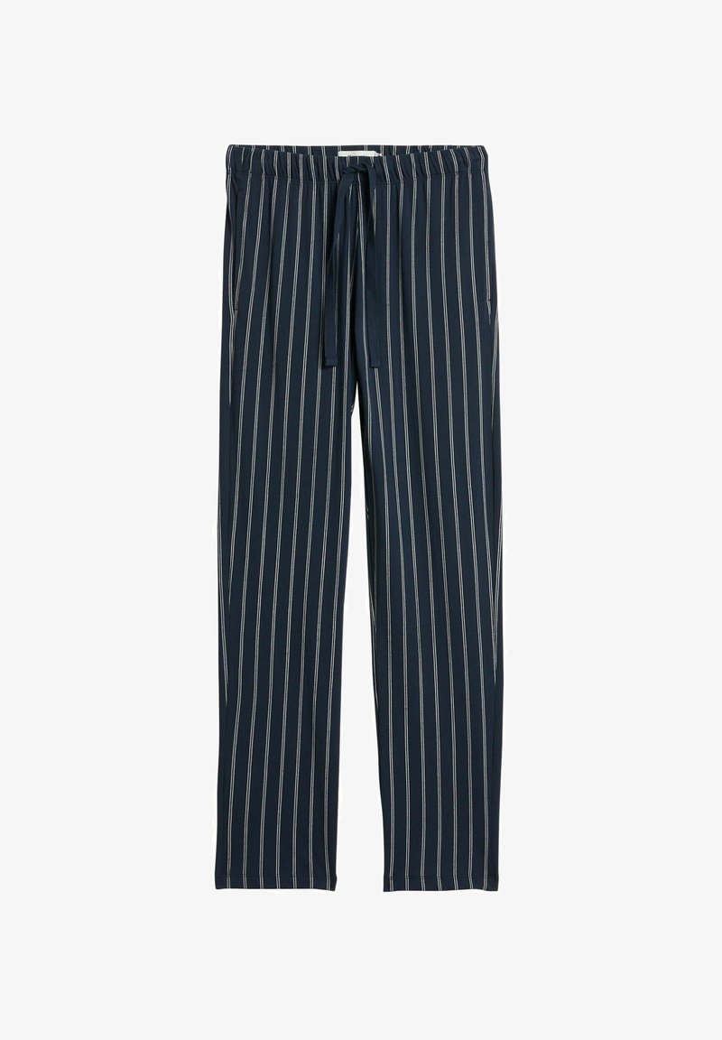 Marineblå bukser med striber lavet af et blødt stof, med snøre i taljen, elastik og tynde hvide lodrette striber.